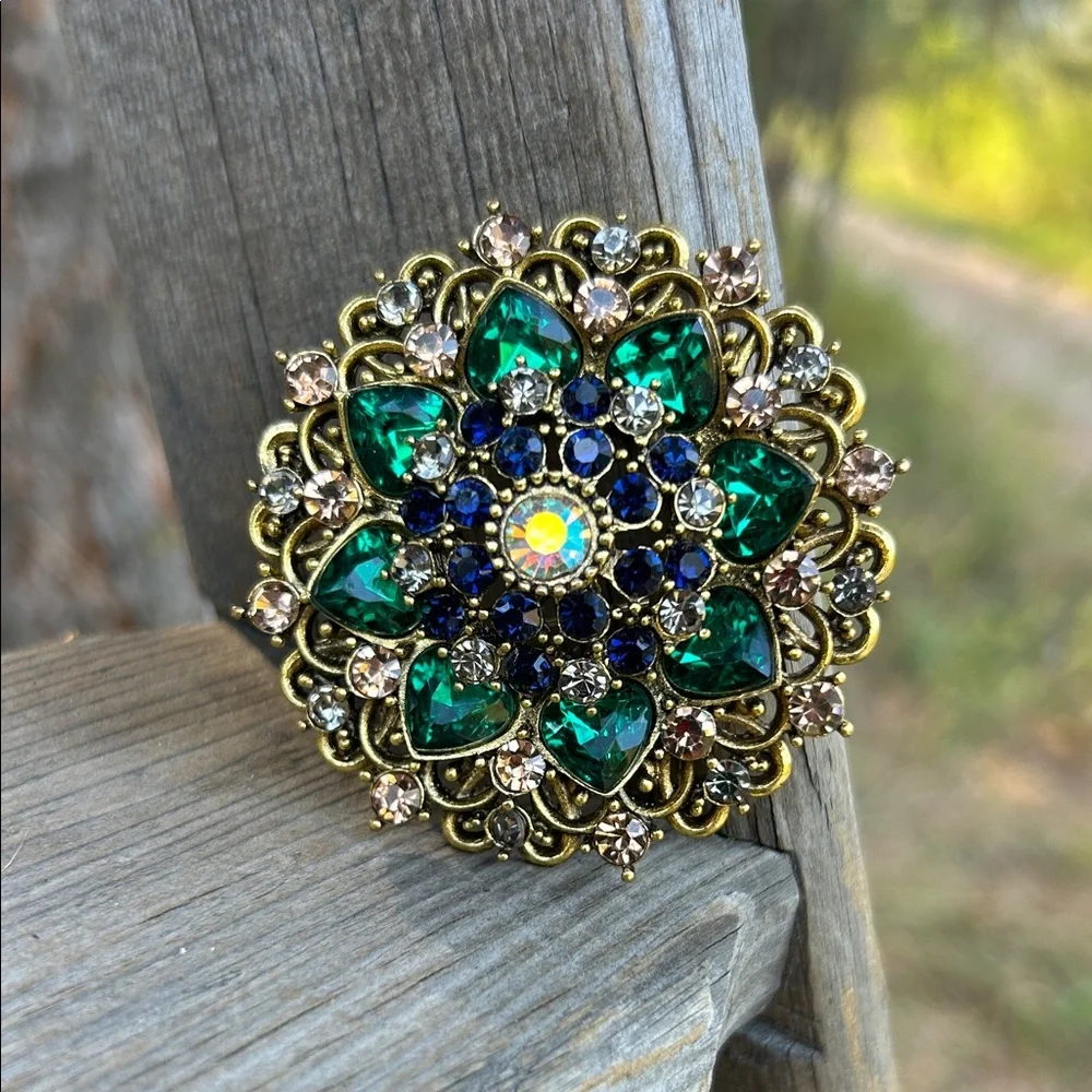 Aurora Borealis Gold, Blue and Green Statement Glass Rhinestone Brooch